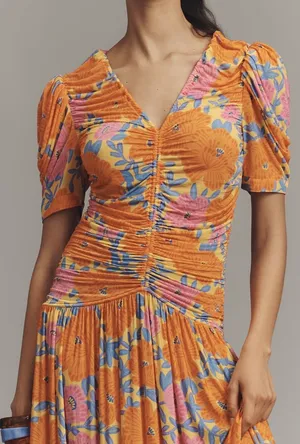 Farm Rio V-Neck Floral Ruched Mesh Midi Dress, Size M thumbnail 3
