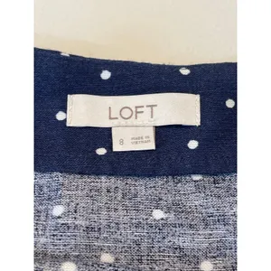 LOFT Polka Dot Flare Skirt Size 8 Navy White Linen Blend Button Detail thumbnail 4