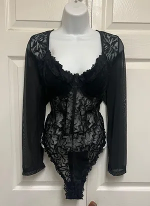 UNBRANDED Black Lace Bustier Sheer Mesh Sweetheart Neck Bodysuit thumbnail 5