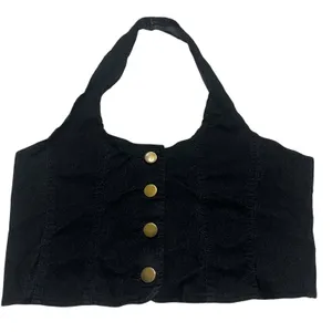 One Up Black Denim Halter Crop Top Womens Small Gold Button Y2K Festival 0378 thumbnail 1