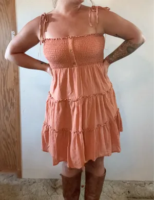 Altar'd State Coral Smocked Tiered Mini Dress Medium Tie Strap Boho thumbnail 1