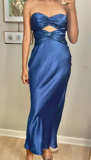 Selfie Leslie navy strapless satin maxi dress   thumbnail 1
