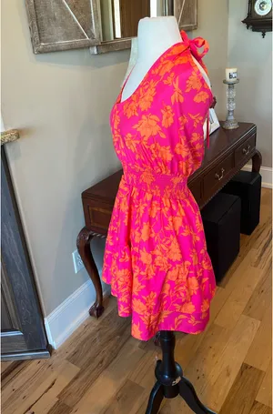 Colorful Festive Neon Pink Orange Flirty Mini Dress thumbnail 2