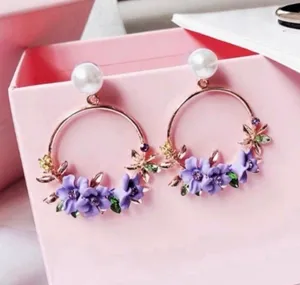 Women's Purple Crystal Flower Drop Dangle Hoop Earrings thumbnail 1