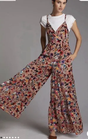 Flounced Floral Burnout Velvet Jumpsuit Size 8 thumbnail 1