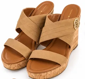 Tommy Hilfiger Tan Cork Wedge Sandals Gold Logo Size 10M thumbnail 1