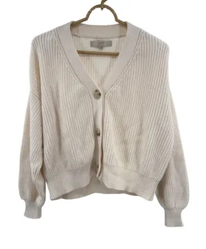 LOFT Cream Ribbed slouchy cropped cardigan S cotton casual fall winter neutral thumbnail 1