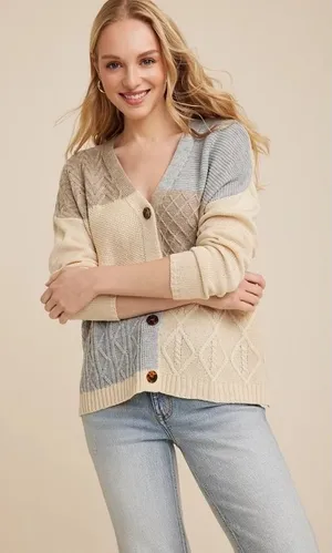 NEW Maurices Women Patchwork Cable Knit Cardigan Medium Cream Blue Tan Button Up thumbnail 1