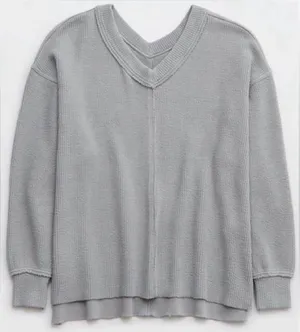 Aerie Wonder Textured V-Neck Sweatshirt Grey Size Large thumbnail 1