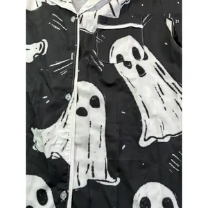 Black Ghost Print Pajama Set Women Large Long Sleeve Button Down Halloween PJs thumbnail 10