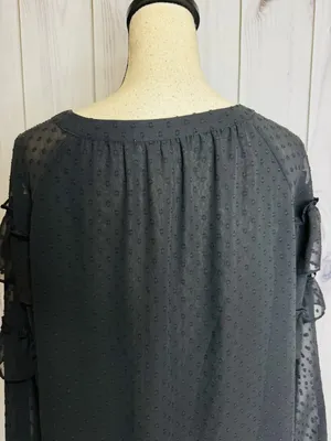 LOFT Black Ruffle Blouse Sz M Semi Sheer Long Sleeve Textured Polka Dots thumbnail 6