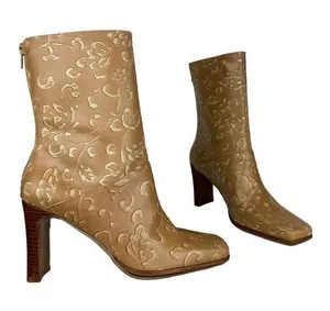 NEW Y2K Amanda Smith Leather Square Toe Heeled Boots Sz 6.5 Tan Floral thumbnail 1