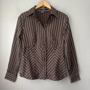 Apt. 9 Babydoll 90s Y2K 2000 Size Small Dark Brown Striped Button Up Shirt Office Siren thumbnail 1