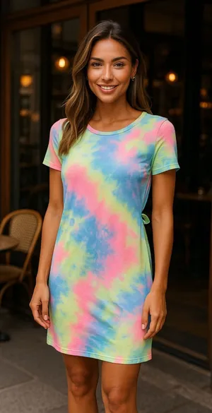 Neon Tie Dye Shirt Dress Vibrant Indie Festival Y2K Beach Resort Travel Concert‎ thumbnail 1