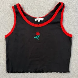 Love & Lazy Days Women's Large Black Rose Crop Tank Top Embroidered Lace Scallop thumbnail 1