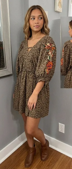 Cato Cheetah Print Floral Embroidered Puff Sleeve Ruffle Trim Boho Sedona Dress Large. thumbnail 1