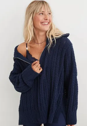 Aerie Cable Car ¼ Zip Sweater Navy Blue Oversized Knit Pullover Size XS NWOT thumbnail 1