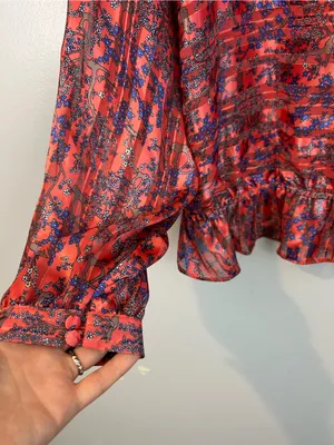 Free People Pink/Blue Metallic Smocked Floral Dolman Sleeve Peplum Top Large thumbnail 5