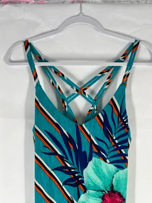 Tropical Floral Striped Crisscross Back Maxi Dress Medium‎ Side Slit thumbnail 3