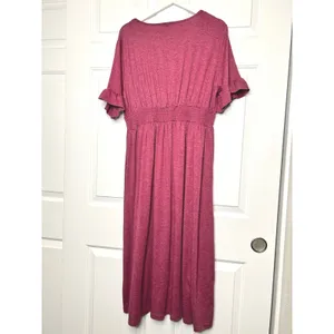 Allegra K V Neck Button Front Ruffle‎ Sleeve Midi Dress Fuchsia XL thumbnail 3