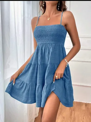 Soleia Women's Solid Color Shirred Bodice Tiered Mini Dress in Blue BRAND NEW thumbnail 4
