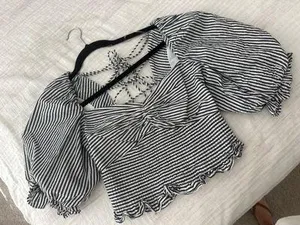 Striped Boutique Puff Sleeve Top Black White thumbnail 1