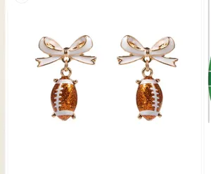 Bow Accent Football Drop Dangle Earrings Gold thumbnail 2