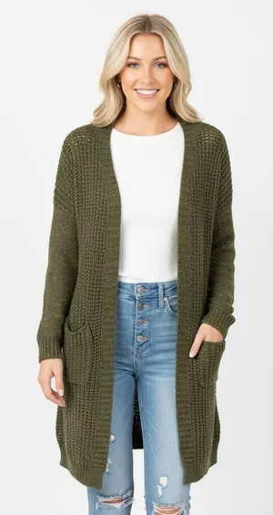 Green knit sweater cardigan with pockets size medium/large thumbnail 1
