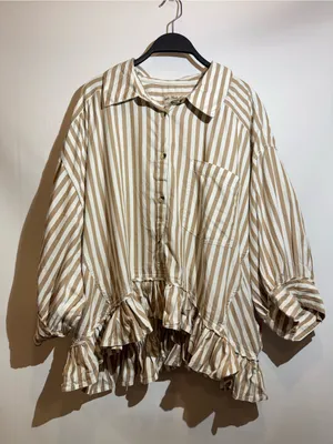 NWT Free People Bailey Navy Stripe Ruffle Hem Cotton Button Up Shirt XL thumbnail 2