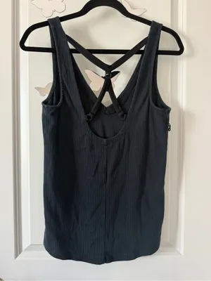 Free People Black Ribbed V-Neck Tank with Crisscross Back Straps thumbnail 2