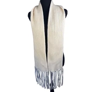 J Crew Scarf Women OS Cream Ribbed Wool Cashmere Fringe Winter Classic Luxury thumbnail 2