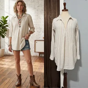 Free People Striped Tunic Shirt‎ Womens XS Long Sleeve Boho Split Neck Pullover thumbnail 2