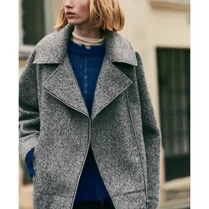 Zara Boucle Women's Gray Asymmetric Zip Collared Oversized Over Coat Jacket Sz S thumbnail 2