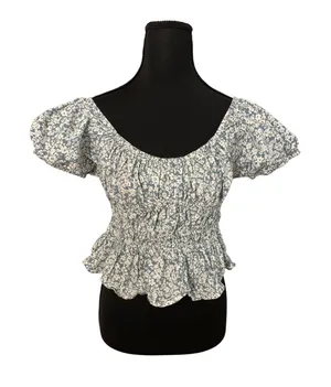 Sim & Sam Cottagecore Cinched Waist Puff Sleeve Milkmaid Top Blue Floral‎ XL thumbnail 1