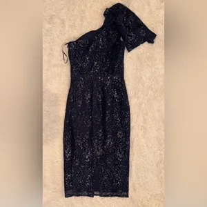 NWOT DRESS THE POPULATION Tiffany One-Shoulder Midi Lace Dress Navy S thumbnail 4