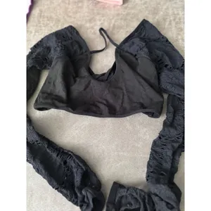 Free People Movement Say The Word Shrug Black XS/S Pointelle Lace Thumbhole Crop thumbnail 7