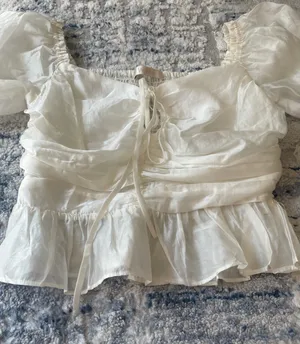 WAYF Women’s Small Off White Ruched Ruffle Short Sleeve Top thumbnail 7