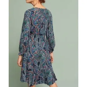 Anthropologie Maeve Women’s Paisley Long Sleeve V-Neck Dress Maplewood Blue Smal thumbnail 6