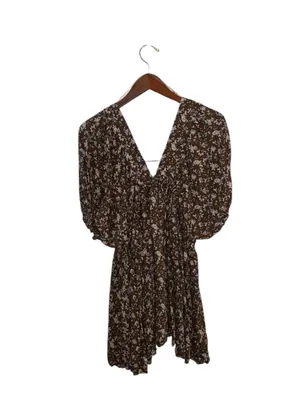 Millibon Brown Floral V-Neck Puff Sleeve mini cottagecore summer day Dress thumbnail 7