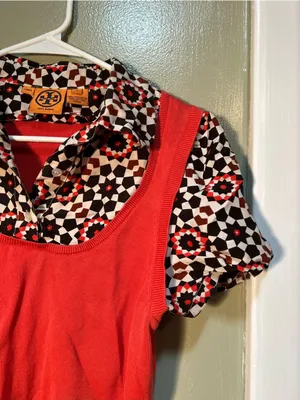 Tory Burch Women's Size Medium Twofer Sweater Blouse Coral Geometric‎ Collared thumbnail 4