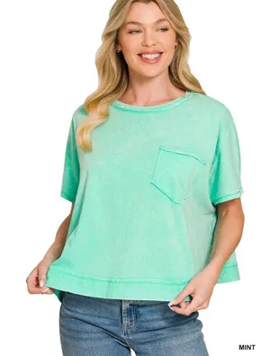 Zenana Acid Washed Round Neck Short Sleeve Oversized T-Shirt - Mint - Large thumbnail 1