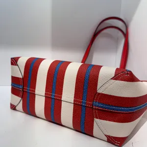 NWT Coach CT824 Small City Tote With Stripe Print Canvas Leather Chalk/Red Multi thumbnail 6