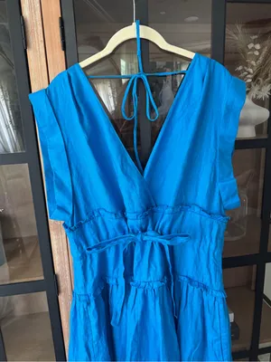 NWT Banana Republic linen maxi dress cinch-waist cobalt royal cap short sleeve thumbnail 5