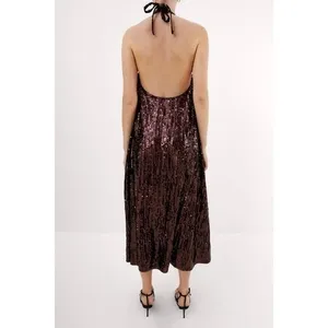 ZARA Chocolate Brown Sequin Halter Maxi Dress‎ Festive Party Sequinned Small thumbnail 9