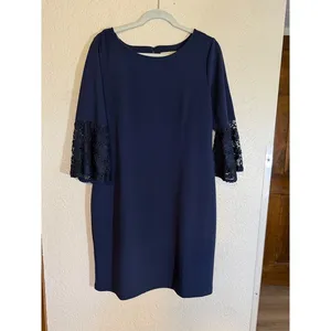 Hope & Harlow Dress Womens 14 Navy Blue Lace Bell Sleeve‎ Shift Knee Length thumbnail 15