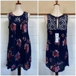 Patrons of Peace Navy Floral Lace Inset Sleeveless Boho Mini Dress NWT‎ Size S thumbnail 2