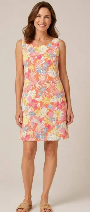 Talbots Womens Size 8 Fruit Floral Shift Dress Coral‎ Pink Yellow Sleeveless Zip thumbnail 1