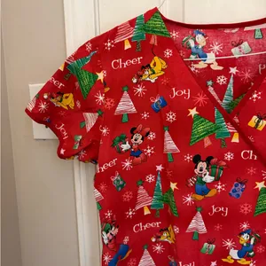 Disney Christmas Print Women’s Scrub Top in Red thumbnail 6