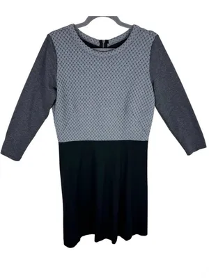 Ann Taylor LOFT Gray Black‎ 3/4 Sleeve A-Line Knee Length Knit Dress Size 8 thumbnail 1