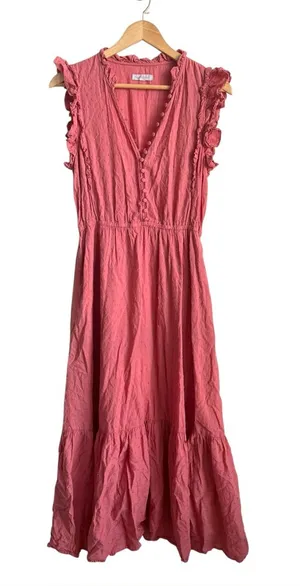 Outerknown Organic Cotton Coral Ruffle Tiered Midi Maxi Dress Medium thumbnail 1